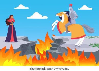 Fairy tale of rescuing princess vector illustration. Cartoon horseman knight hero warrior character in armor and helmet riding horse to rescue crying beautiful princess, fairytale story background