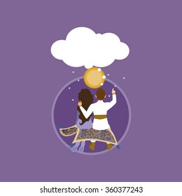 fairy tale. romantic couple. sitting in an embrace. happy couple.Â travelling on flying carpet