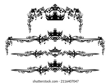 fairy tale royal crown, knight sword and rose flowers black and white vector calligraphic page divider silhouette design set