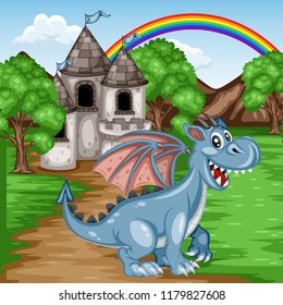 Fairy Tale Scene. A Blue Happy Dragon in front of an Old Castle. Cartoon Vector Illustration