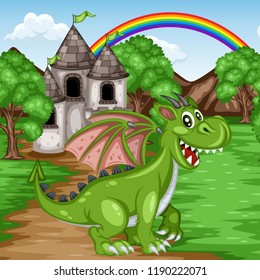 Fairy Tale Scene. A Blue Happy Dragon in front of an Old Castle. Cartoon Vector Illustration