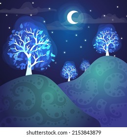 Fairy tale scene of a blue valley under a starry sky at midnight. Fantastic blue luminous trees on the tops of the hills with an ornament. Summer night landscape. Cartoon design for a postcard or game