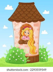 Escena de cuento de hadas con princesa adorable en la ilustración de la torre. Ilustración vectorial en un estilo de caricatura.