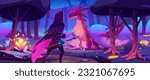 Fairy tale scene with dragon and medieval knight fight. Fantasy landscape of magic forest with mythology monster and warrior with spear at night, vector cartoon illustration