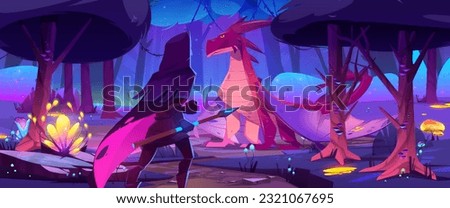 Fairy tale scene with dragon and medieval knight fight. Fantasy landscape of magic forest with mythology monster and warrior with spear at night, vector cartoon illustration