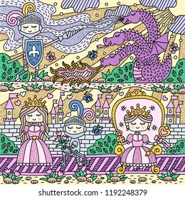 Fairy tale scene with knight, princess and dragon. Fantasy kingdom. Vector illustration