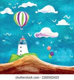 Fairy tale sea landscape with lighthouse, ht air balloon and clouds.
