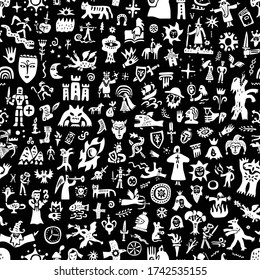 fairy tale seamless background with icons, vector illustration