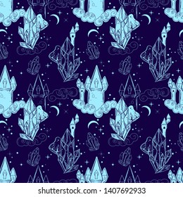 Fairy tale seamless pattern with castle and crystal gem. Tattoo art style.
