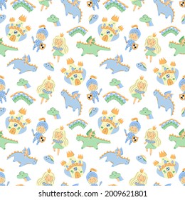 Fairy tale seamless pattern with castle princess knight dragons and rainbows, kids unisex pattern for textile, wrappaper, party, birthday vector illustration