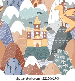 Fairy tale seamless pattern with cute dragon, magic castle, and mountains. Fairy land hills pastel background for kids, vector illustration