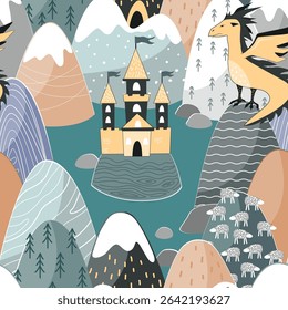 Fairy tale seamless pattern with cute dragon, magic castle, and mountains. Fairy land hills pastel background for kids, vector illustration.