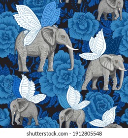 Fairy tale Seamless pattern from flying elephants with butterfly wings, decorative dark blue rose flowers on a black background. Wallpaper, batik, boho textile print, chintz, animal illustration