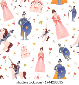 Fairy tale seamless pattern for kids textile or wrapping paper, princess and knight in different poses in cartoon style