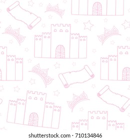 Fairy tale seamless pattern. Pink castle, diadem, stars and old scroll on a white background. Hand drawing. Vector illustration.