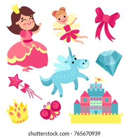 Fairy tale set, little princess and fairy with unicorn, castle and magic elements vector Illustrations