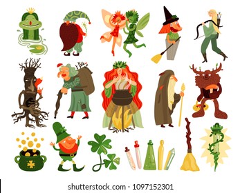 Fairy tale set of mythology and folklore  cartoon characters living in forest isolated vector illustration 