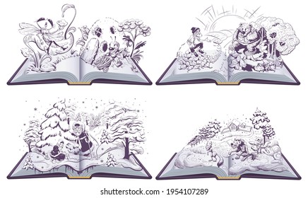 Fairy tale set open book illustration. Wolf and fox, old man and bear. Vector cartoon isolated on white