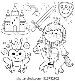 Fairy tale set with prince riding a horse, a frog, castle, sword and shield. Vector black and white coloring page.