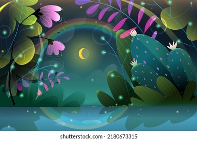 Fairy Tale Shiny Night Fantasy With Magic Lake. Magic Nature Dark Background At Night, With Rainbow, Sparkling Flowers And A Moon. Colorful Vector Wallpaper.