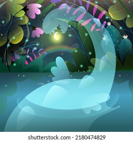 Fairy Tale Shiny Water Dragon in Fantasy Magic Lake. Magic nature dark background at night, fairytale water dragon eating the moon. Colorful vector illustration.