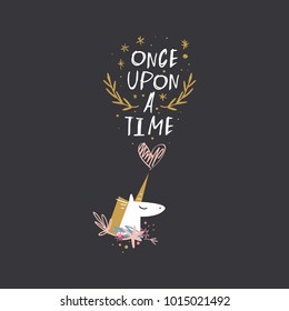 Fairy tale sign, cute unicorn portrait, boho style, inspirational poster. Decor elements, sticker, postcard. Vector, clip art. Isolated.