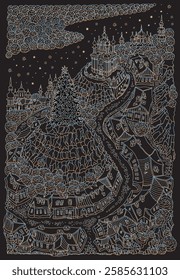 Fairy tale silver winter town landscape. Christmas and New Year greeting card on a black background