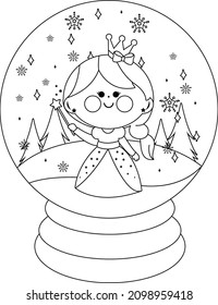 Fairy Tale Snow Globe With A Beautiful Princess. Vector Black And White Coloring Page.