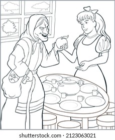 Fairy tale Snow white and 7 gnomes - old witch offering poisoned apple to princess - colouring page for adult and children	
