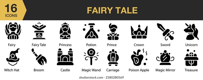 Fairy Tale solid icon set. Includes cute, fairy, cartoon, tale, magic, fantasy, and More. Solid icons vector collection.