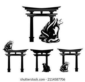 fairy tale spirit fox with nine tails sitting by torii gate black and white vector outine and silhouette - japanese mythical kitsune design set