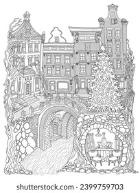 Fairy tale square in the old medieval European town with Christmas fir-tree, underground cave shelter with table, vine glasses and bottle of champagne. Adults coloring book page