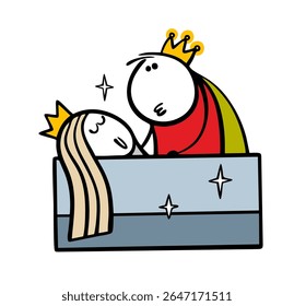 História de conto de fadas sobre princesa adormecida e um belo príncipe salvador. Ilustração vetorial de stickman em uma mulher beijando coroa. Menina bonita é sonho mágico adormecido.
