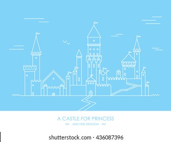 Fairy tale story for kids, girls. Magic castle. With princess and knife prince, king and queen. Illustration for book, postcard or app game. Imaginary and fantasy childish new design summer. Blue