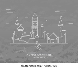 Fairy tale story for kids, girls. Magic castle. With princess and knife prince, king and queen. Illustration for book, postcard or app game. Imaginary and fantasy childish new design summer. Texture.