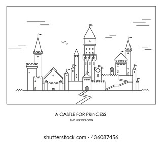 Fairy tale story for kids, girls. Magic castle. With princess and knife prince. King and queen live here. Illustration for book, postcard or app game. Imaginary and fantasy childish new design summer