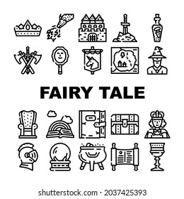 Fairy Tale Story Medieval Book Icons Set Vector. Castle And Knight Armour Equipment, Magician And Witch Fairy Tale Character, Magic Mirror And Glass Sphere, Dragon And King Contour Illustrations