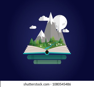 Fairy tale story, open book mountain landscape with sheep in night. Summer trip