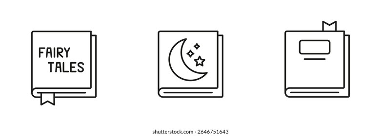Fairy Tale And Storybook Line Icon Set. Imaginative Literature, Fantasy, And Children Book Outline Symbol Collection. Reading And Education Theme. Editable Stroke. Isolated Vector Illustration.