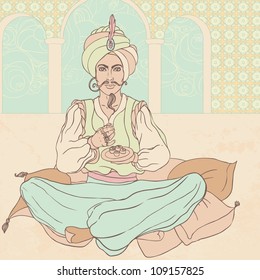Fairy Tale Sultan: Arab Men In Oriental Costume Enjoying East Sweets