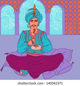 Fairy Tale Sultan: Arab Men In Oriental Costume Enjoying East Sweets