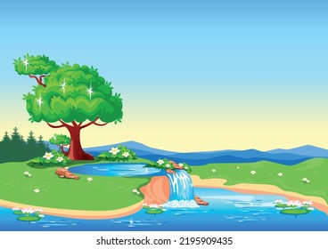 Fairy tale summer landscape with a tree near a waterfall, a valley and mountains in a cartoon style. Vector horizontal illustration of nature.