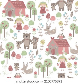 Fairy tale teddy bear family, seamless house among flowers themed baby and kids t-shirt print, fashion print design, can be used for kids wear, baby shower, celebration, greeting and invitation.