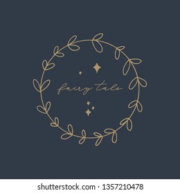 Fairy tale text. Vector, clip art. Isolated text, vintage frame isolated on dark background. Lettering and floral wreath clip art