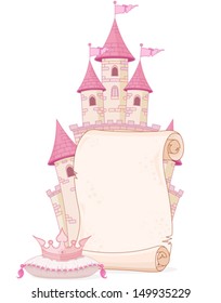 Fairy tale theme parchment design with castle and crown