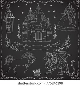 Fairy tale theme. Prince, princess, castle, dragon, fairy, horse. Collection of decorative design elements on chalkboard background. Isolated objects. Vintage vector illustration