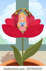 Fairy tale Thumbelina birth child little girl sit flower bud. Vector cartoon illustration