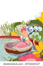 Fairy tale Thumbelina girl princess swim walnut shell among flowers. Vector cartoon illustration