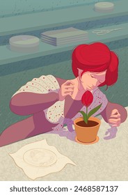 Fairy tale Thumbelina illustration for childrens book. Woman and tulip in flower pot. Vector drawing cartoon