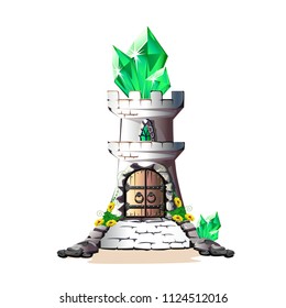 Fairy tale tower with green crystals, gates, windows and a tiled roof. Vector illustration for a fairy tale on a white background.
